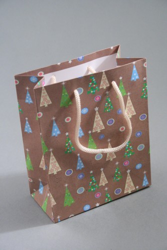 Brown Paper Gift Bag with Christmas Tree Design. Approx Size 15cm x 12cm x 6cm