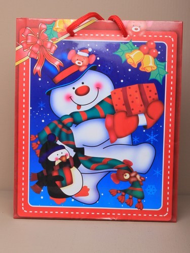 Christmas Snowman Glossy Red Gift Bag. Approx Size 22cm x 18.5cm  x 7cm.