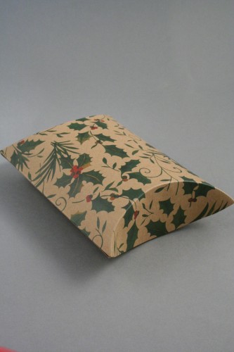 Natural Brown Paper Pillow Pack with Holly Print Size Approx 14cm x 13cm x 5cm.