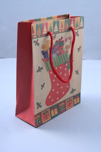 Natural Brown Christmas Stocking Gift Bag with Cord Handles. Size Approx 20cm x 15cm x 6cm.