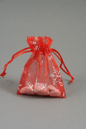Red Organza Gift Bag with Silver Snowflake Print. Size Approx 10cm x 7.5cm.