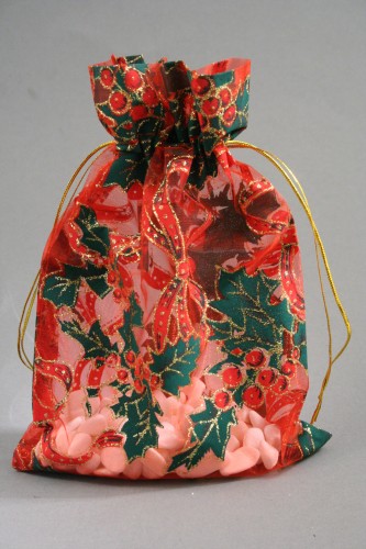 Red Christmas Organza Gift Bag with Holly Print. Size Approx 22cm x 15cm.