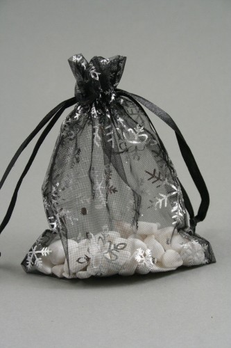 Black Organza Gift Bag with Silver Snowflake Print. Size Approx 15cm x 11cm.