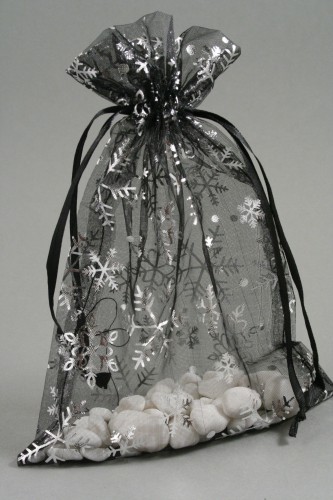 Black Organza Gift Bag with Silver Snowflake Print. Size Approx 22cm x 15cm.