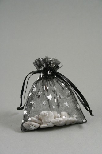 Black Organza Gift Bag with Silver Star Print. Size Approx 10cm x 7.5cm.