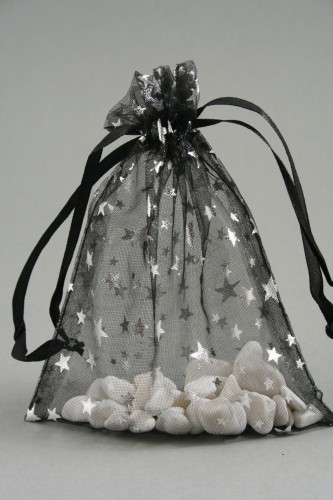 Black Organza Gift Bag with Silver Stars Print. Size Approx 15cm x 11cm.