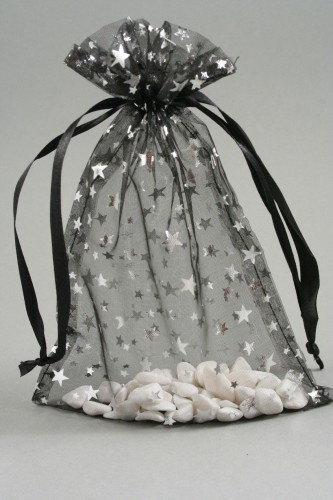Black Organza Gift Bag with Silver Stars Print. Size Approx 22cm x 15cm.