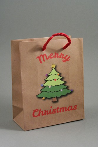 Merry Christmas with Christmas Tree Brown Gift Bag. Red Corded Handles.Size Approx 15cm x 12cm x 6cm.