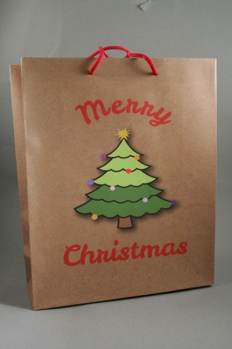 Merry Christmas with Christmas Tree Brown Gift Bag. Red Corded Handles.Size Approx 32cm x 26cm x 10cm.