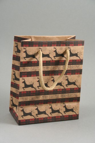 Merry Christmas Reindeer Print Brown Kraft Paper Gift Bag with Natural Cord Handles. Size Approx 14.5cm x 11.5cm x 6cm.