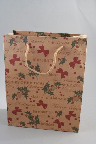 Merry Christmas Natural Brown Kraft Paper Gift Bag with Holly and Bows Print. Red Corded Handles. Size Approx 24cm x 19cm x 8cm.