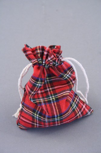 Red Tartan Printed Fabric Drawstring Gift Bag. Approx 13cm x 9.5cm