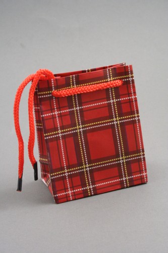 Red Tartan Printed Gift Bag with Red Corded Handles. Size Approx 11cm x 9cm x 5cm.