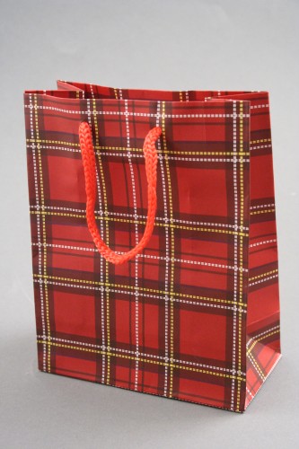 Red Tartan Printed Gift Bag with Red Corded Handles. Size Approx 15cm x 12cm x 6cm.