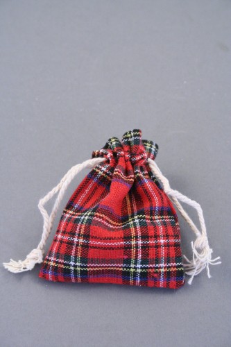 Red Tartan Printed Fabric Drawstring Gift Bag. Approx 9cm x 7cm