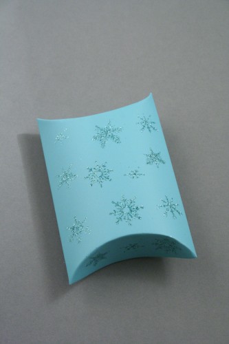 Turquoise Pillow Pack Gift Box with Turquoise Glitter Snowflake Print. Size Approx 6.8cm x 5.8cm x 2.5cm