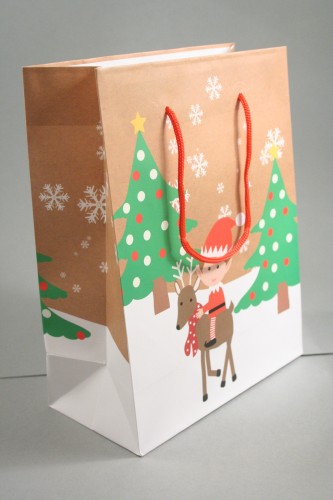 Christmas Scene Elf on a Reindeer Gift Bag with Red Cord Handles. Approx Size 23cm x 18cm x 9cm