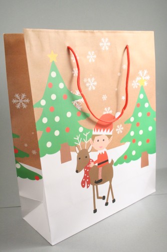 Christmas Scene Elf on a Reindeer Gift Bag with Red Cord Handles. Approx Size 32cm x 26cm x 10cm