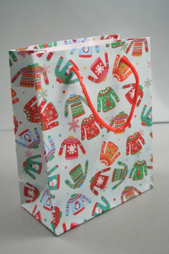 Christmas Jumper Design Gift Bag with Red Cord Handles. Approx Size 15cm x 12cm x 6cm