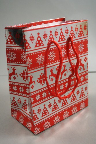 Red and Silver Christmas Print Holographic Gift Bag with Red Cord Handles. Approx Size 14.5cm x 11.5cm x 6.5cm