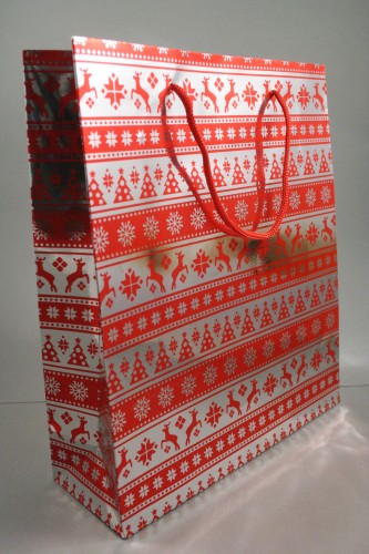 Red and Silver Christmas Print Holographic Gift Bag with Red Cord Handles. Approx Size 27cm x 23cm x 8cm