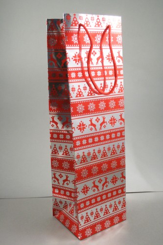 Red and Silver Christmas Print Holographic Bottle Gift Bag with Red Cord Handles. Approx Size 33cm x 10cm x 9cm