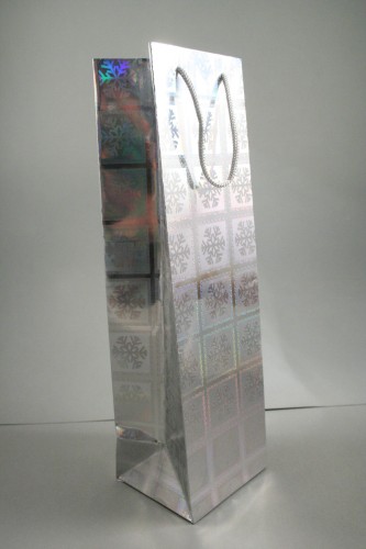 Silver Snowflake Christmas Print Holographic Bottle Gift Bag with Grey Cord Handles. Approx Size 33cm x 10cm x 9cm