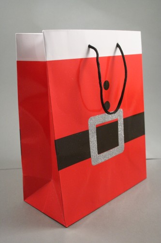 Red Glossy Santa Belt / Buckle Gift Bag with Black Cord Handles. Approx Size 23cm x 18cm x 9cm