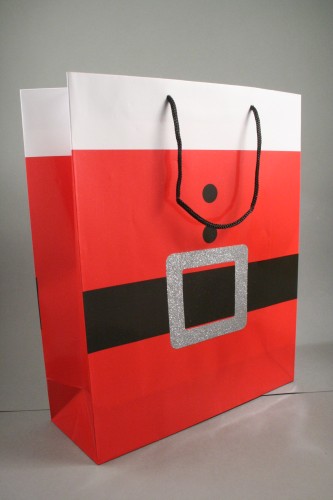 Red Glossy Santa Belt / Buckle Gift Bag with Black Cord Handles. Approx Size 32cm x 26cm x 10cm