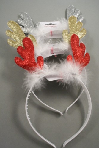 Christmas Glitter Reindeer Antlers on a White Aliceband with White Feather. Clip Strip of 12. In Red, Gold and Silver
