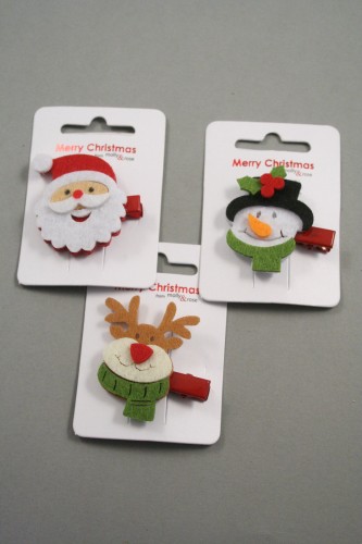 Felt Fabric Christmas Character Beak Clips. in Santa, Snowman and Reindeeron Designs on a Clip Strip. Approx 3cm