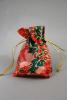 Red Christmas Organza Gift Bag with Holly Print. Size Approx 10cm x 7.5cm. - view 1